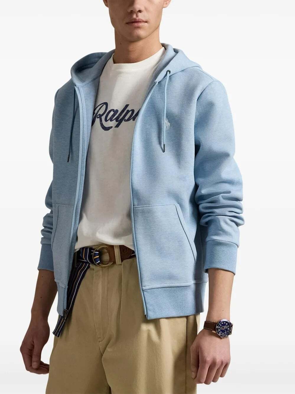 POLO RALPH LAUREN Light Blue Double Knit Zip Up Hooded Sweatshirt, Size XL